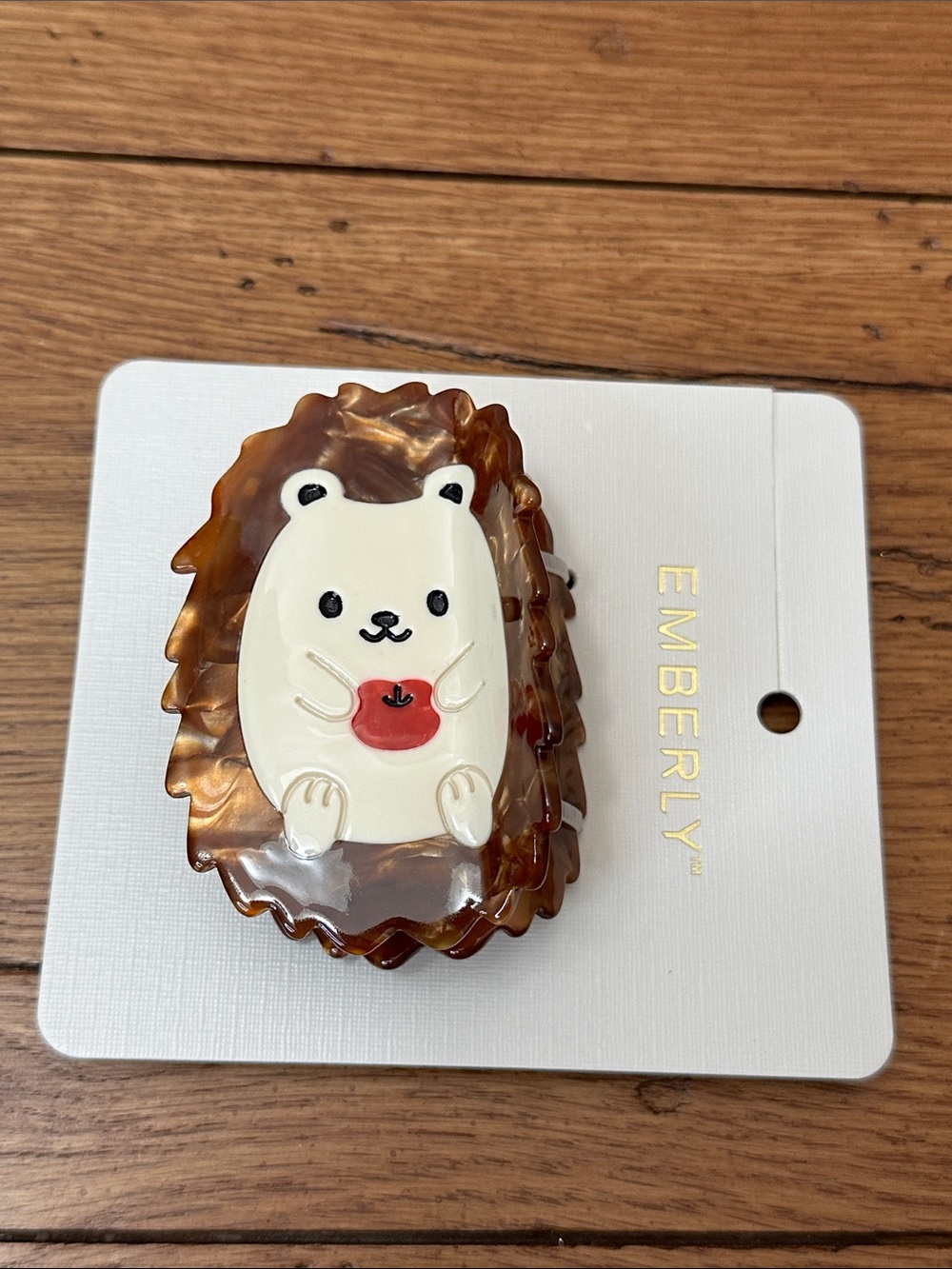 Brown Hedgehog Hair Clip with Cream Face and Red Apple Accent